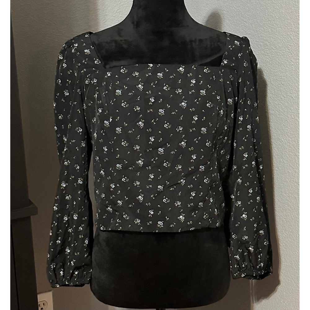 Levi's Statement Top Womens L Black Floral Square Neck Open Back Long Sleeve NWT